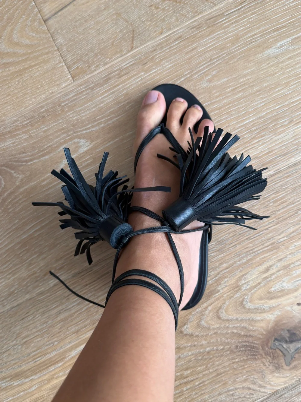 Jil Sander Black Leather Tassel Lace-Up Sandals